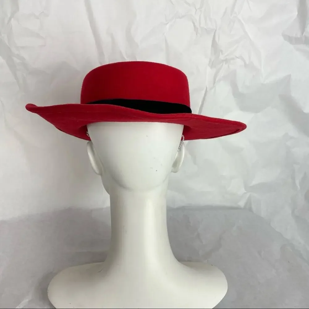 Vintage Red Bolero Hat 100% Wool Felt Black Ribbon and Coin - Picture 5 of 10